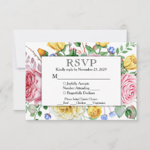 Pink Yellow Floral RSVP Wedding Response w/ Meals