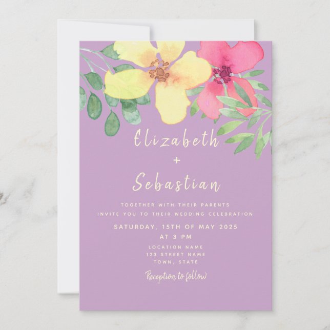 Pink Yellow Floral Wedding Invitation (Front)