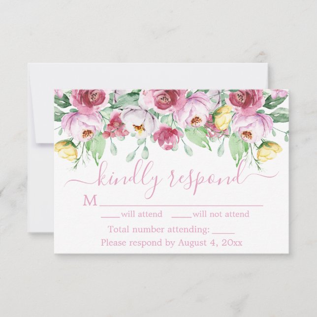 Pink Yellow Floral Wedding RSVP Card (Front)