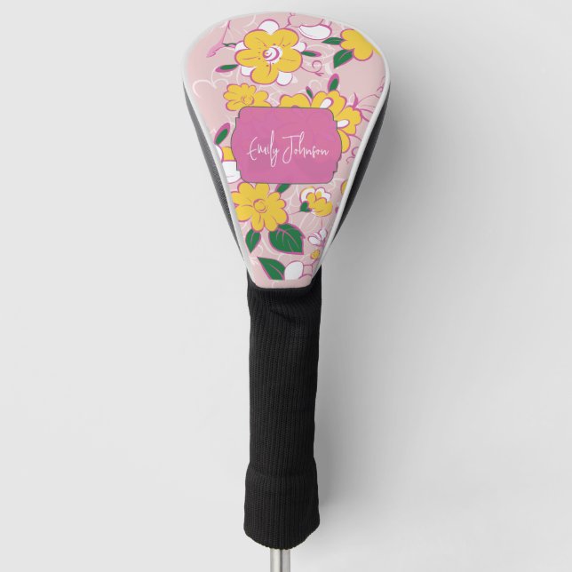 Pink Yellow Floral Whimsical Pattern Custom Name Golf Head Cover (Front)