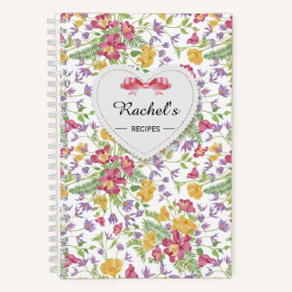 Pink Yellow Floral White Heart Ribbon Recipe Notebook