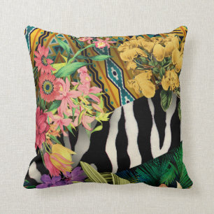 Pink Yellow Floral Zebra Indian Print Pattern Cushion