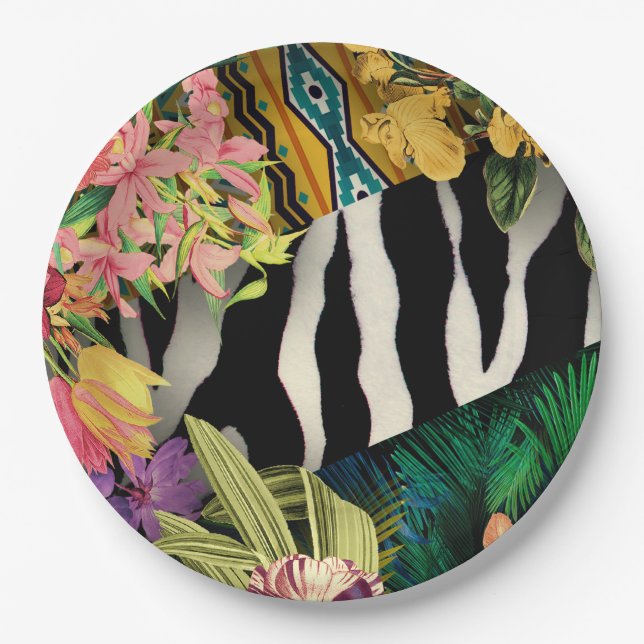 Pink Yellow Floral Zebra Indian Print Pattern Paper Plate (Front)