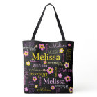 Pink yellow flower custom name Melissa tote bag