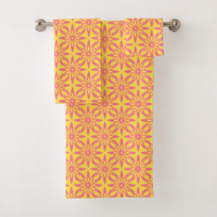 Pink Yellow Flower Seamless Pattern Bath Towel Set