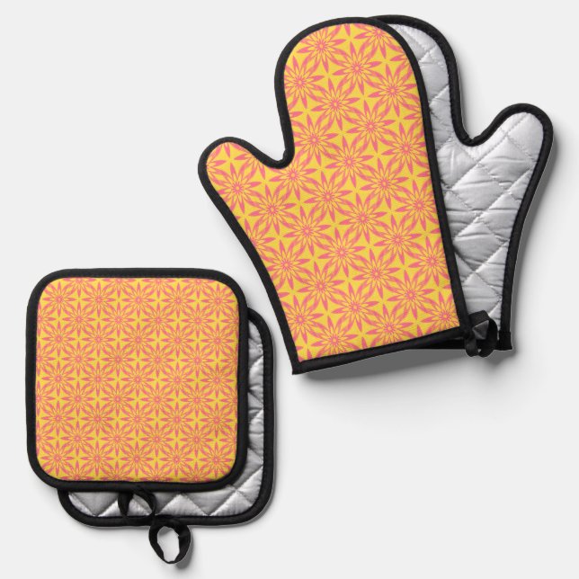 Pink Yellow Flower Seamless Pattern Oven Mitt & Pot Holder Set (Front/Back)