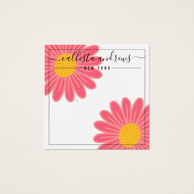 Pink Yellow Flowers Cursive Earring Display Card (Front)