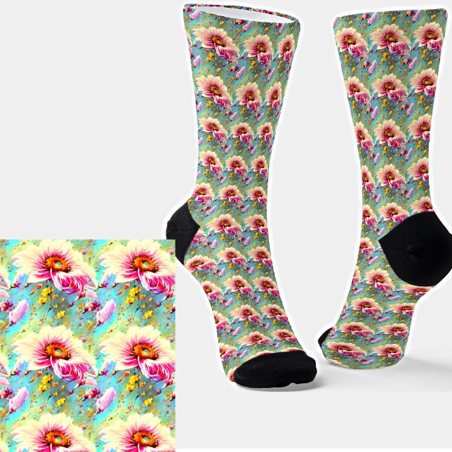 Pink & Yellow Flowers Floral on Aqua Socks (Creator Uploaded)