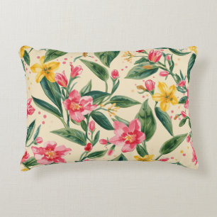 Pink Yellow Flowers, Florals, Blue Stripes Decorative Cushion