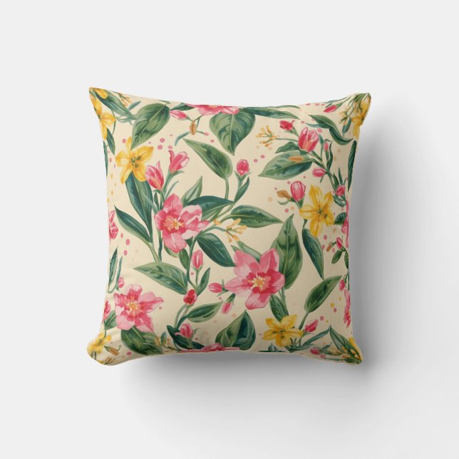 Pink Yellow Flowers, Florals, Yellow Stripes Cushion (Front)