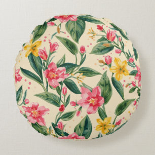 Pink Yellow Flowers, Florals,Yellow Stripes Round Cushion