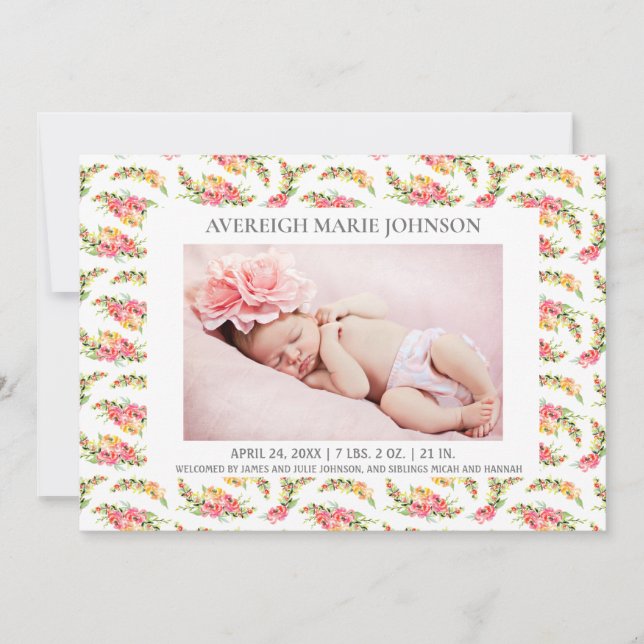 Pink Yellow Flowers Girl Photo Birth Announcement (Front)