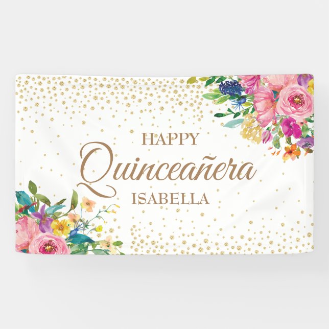 Pink Yellow Flowers Gold Glitter Happy Quinceañera Banner (Horizontal)