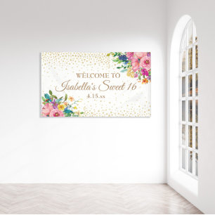 Pink Yellow Flowers Gold Glitter Sweet 16 Banner