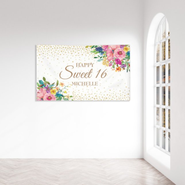 Pink Yellow Flowers Gold Glitter Sweet 16 Banner (Creator Uploaded)