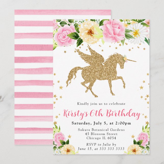 Pink Yellow Flowers Gold Unicorn Birthday Party Invitation (Front/Back)