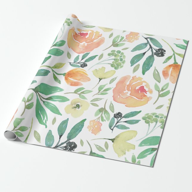 Pink & Yellow Flowers Watercolors Seamless Patter Wrapping Paper (Unrolled)