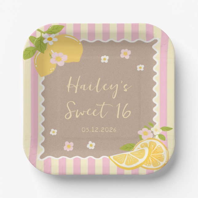 Pink Yellow Freshly Lemon Birthday Paper Plates (Front)