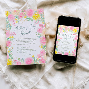 Pink yellow garden floral watercolor mother's day invitation