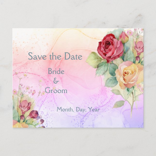 Pink Yellow Garden Roses Flowers Save the Date Announcement Postcard (Front)