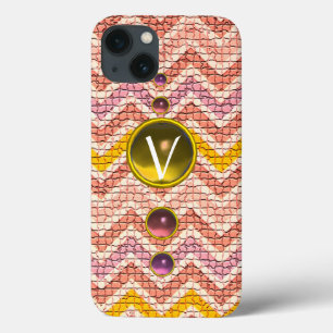 PINK YELLOW GEMSTONES AND MOSAIC CHEVRONS MONOGRAM iPhone 13 CASE