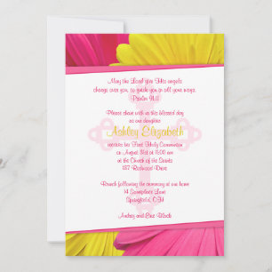 Pink Yellow Gerber Daisy 1st Communion Invitation