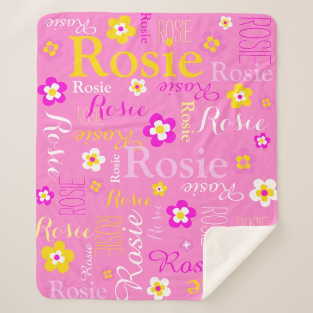 Pink yellow girls name flower graphic blanket (Front)