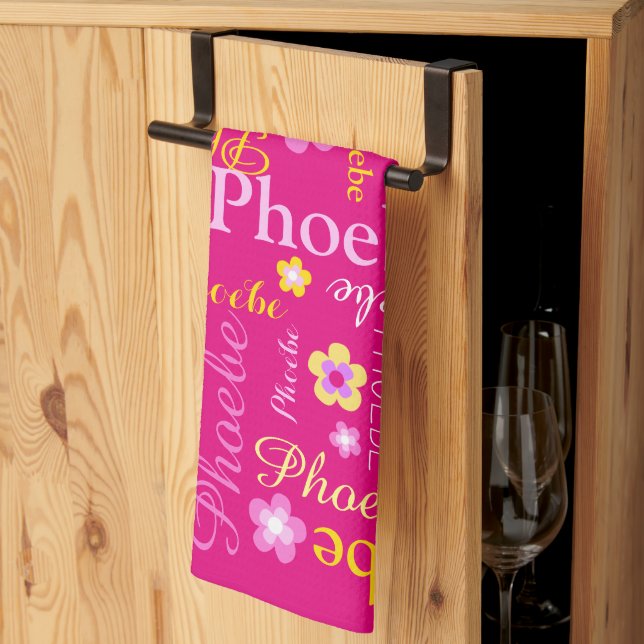Pink yellow girls name flower graphic kitchen tea towel (Thirds Fold)