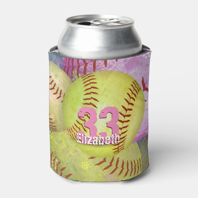 Pink Yellow Girls Softball Can Cooler (Can Front)