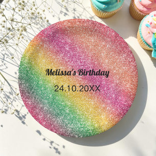 Pink Yellow Glitter Birthday Party Paper Plate