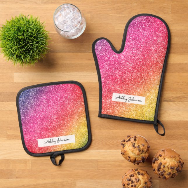 Pink Yellow Glitter Sparkle Pattern Oven Mitt & Pot Holder Set (Top Down)