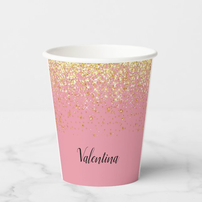 Pink Yellow Gold Glitter Monogram Name Paper Cups (Front)