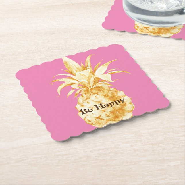 Pink Yellow Gold Pineapple Confetti Paper Coaster (Angled)
