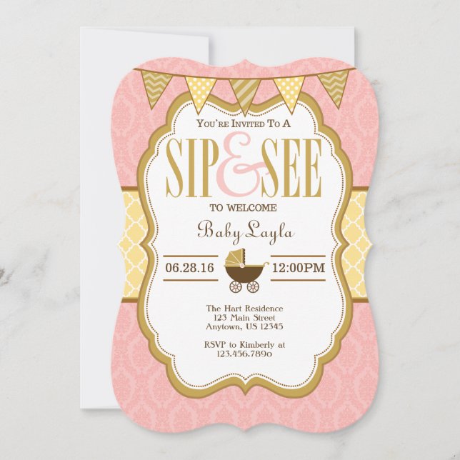 Pink Yellow Gold Sip And See Invitation (Front)