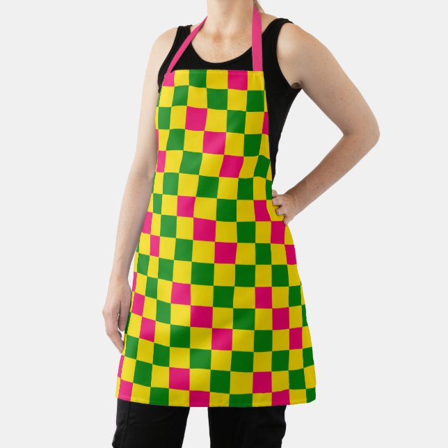 Pink Yellow Green Chequered Pattern Design  Apron (Insitu)