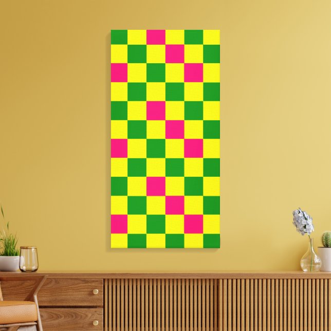 Pink Yellow Green Chequered Pattern Design  Canvas Print (Insitu(LivingRoom))