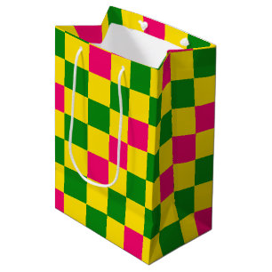 Pink Yellow Green Chequered Pattern Design  Medium Gift Bag
