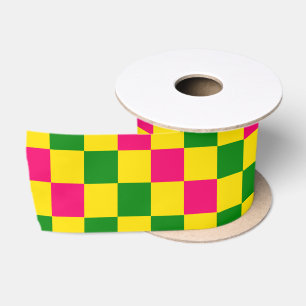 Pink Yellow Green Chequered Pattern Design Satin Ribbon