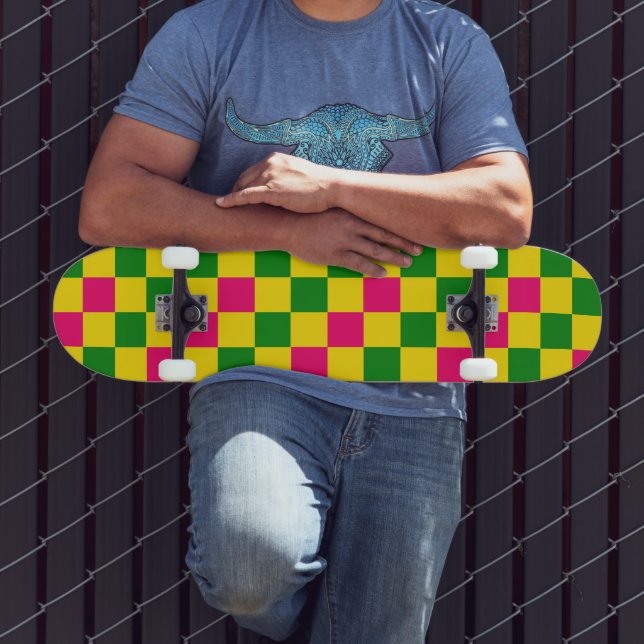 Pink Yellow Green Chequered Pattern Design  Skateboard (Outdoor 3)