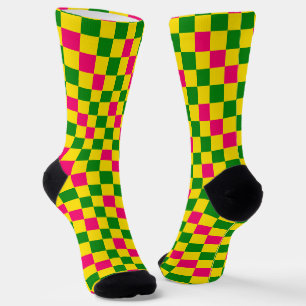 Pink Yellow Green Chequered Pattern Design Socks
