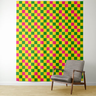 Pink Yellow Green Chequered Pattern Design  Tapestry