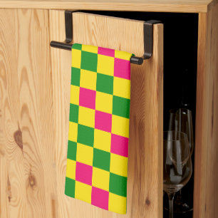 Pink Yellow Green Chequered Pattern Design Tea Towel