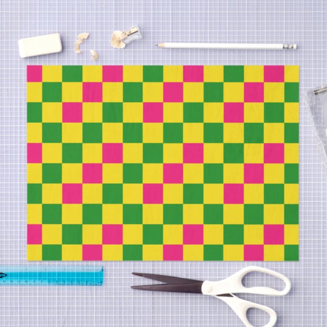 Pink Yellow Green Chequered Pattern Design  Tissue Paper (Craft)