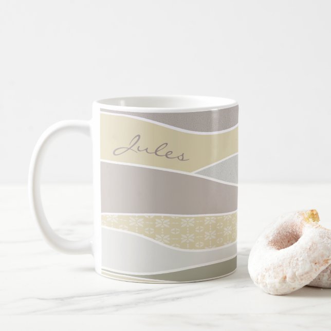 Pink Yellow Green Curve Stripe Abstract Waves Name Coffee Mug (With Donut)
