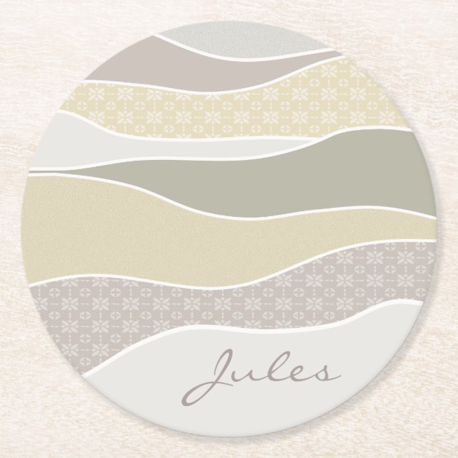Pink Yellow Green Curved Stripe Abstract Wave Name Round Paper Coaster (Front)