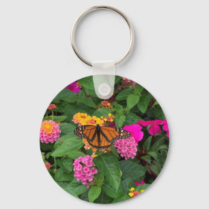 Pink Yellow Green Floral Lantana with Butterfly Key Ring