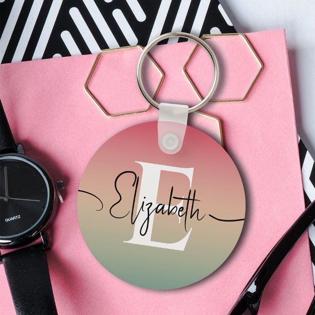 Pink Yellow & Green Gradient Script Name Monogram Key Ring (Creator Uploaded)