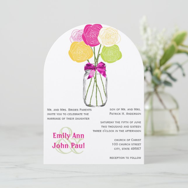 Pink Yellow Green Modern Mason Jar Floral Invite (Standing Front)
