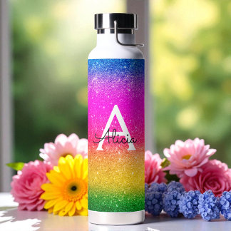 Pink Yellow Green Rainbow Glitter Monogram Water Bottle