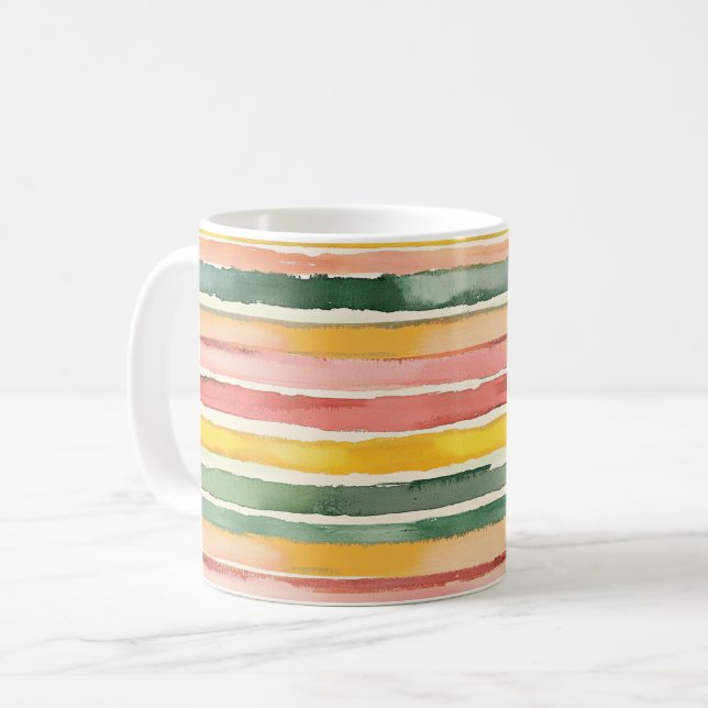 Pink Yellow Green Stripes Coffee Mug (Front Left)